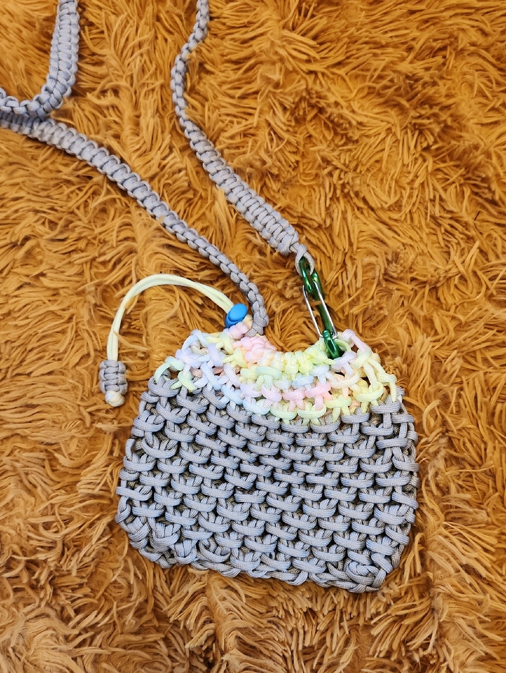 Handwoven Gray Crochet Paracord Crossbody Mini Bag with Pastel Accent